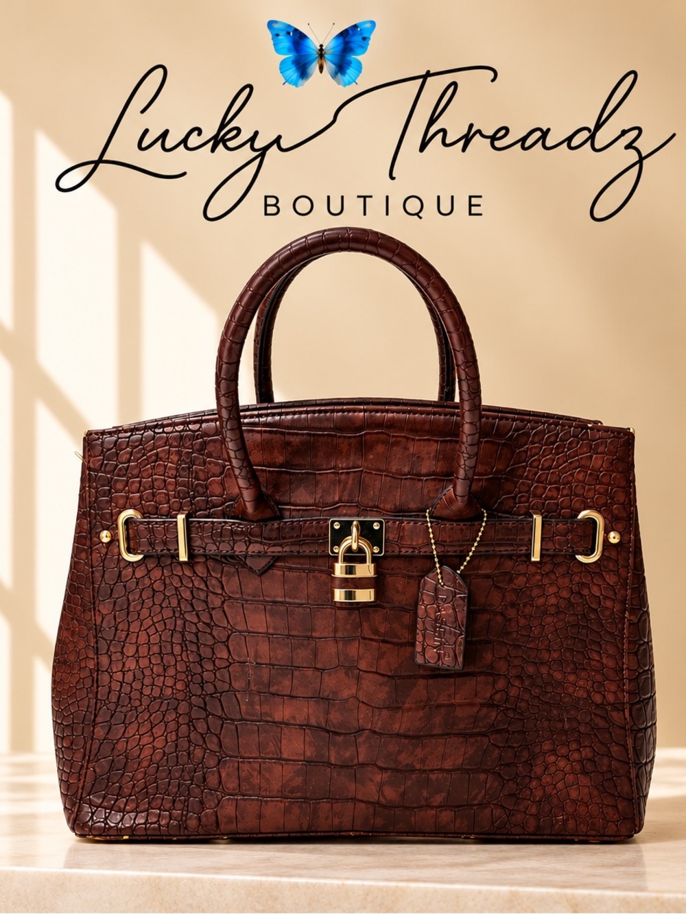 Dasein Brown Croc Embossed Padlock Satchel Handbag Gold Hardware